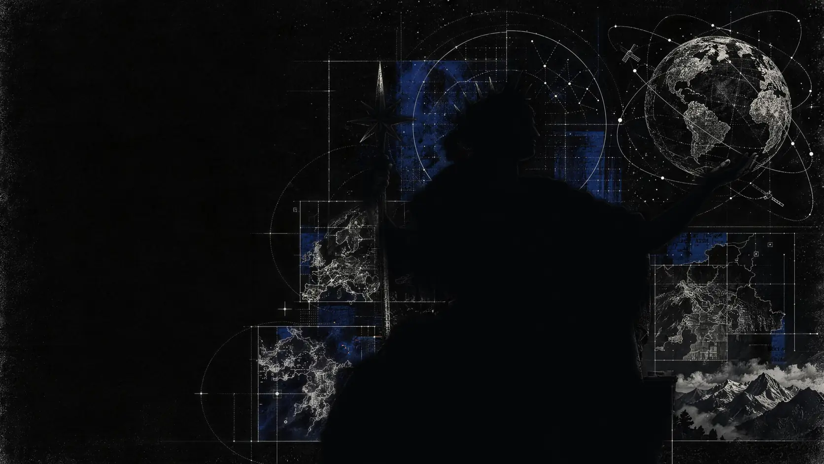 An engraved sovereign figure holding a star-tipped staff, an eagle at her feet, one hand reaching toward a globe ringed by orbiting satellites, world maps and mountains rendered in stone and cobalt.