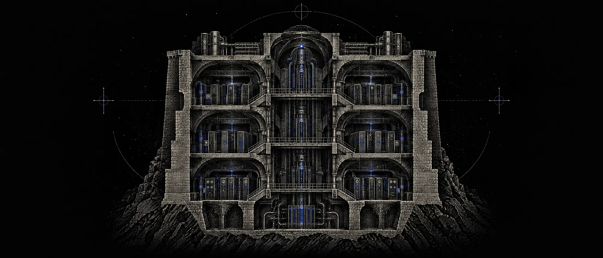An engraved architectural cross-section of a fortified stronghold with its front wall removed, revealing three vaulted levels of instrument cabinets and a central hall of apparatus enclosed inside massive hatched masonry and rooted into bedrock, with empty darkness on every side.